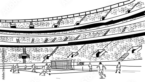 Black and white illustration of a soccer stadium with players on field
