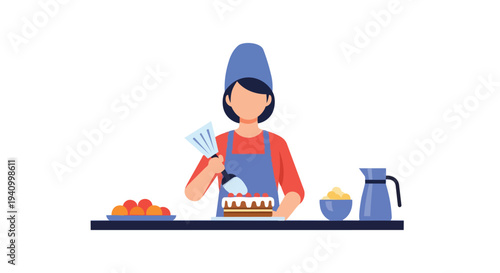 Illustrative depiction of a chef artfully decorating a cake with piping techniques on a clean white background