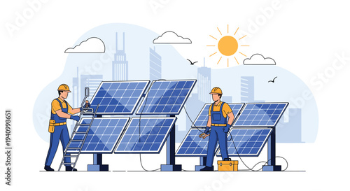 Professional technicians in work wear installing solar panels on a sunny day with a city skyline in the background.