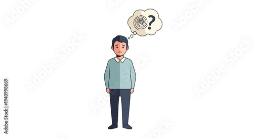 A bewildered individual contemplating a complex question with a swirling vortex of thoughts above their head