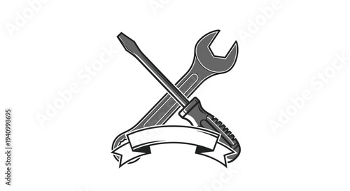 Crossed Wrench and Pliers with Ribbon.