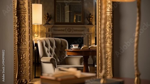 Luxurious Living Room Interior with Ornate Mirror.