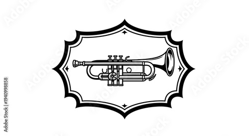 Black and White Trumpet Illustration in Shield.