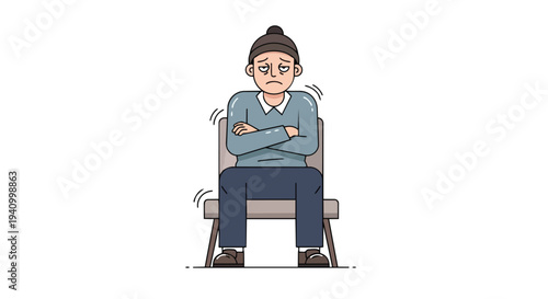 Exhausted Person Sitting Cross-armed on Chair Illustrating Weariness and Frustration with Droopy Eyes and Shivering Motion Lines