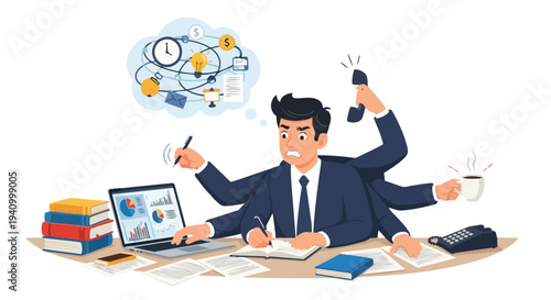 The Overwhelmed Professional Juggling Multiple Tasks Simultaneously Amidst a Demanding Work Environment Demonstrating Extreme Multitasking