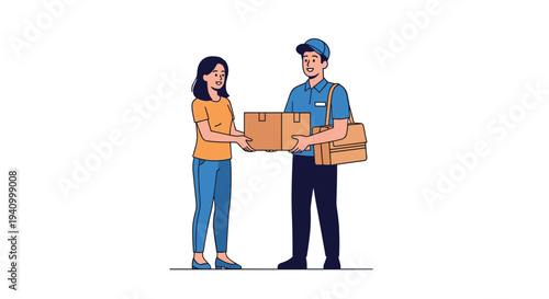 Friendly delivery man handing over a cardboard box package to a smiling female customer at her home doorstep area.