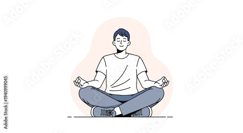 Serene man in lotus pose, meditating with eyes closed, embracing inner peace and tranquility through mindful breathing exercises and relaxation.