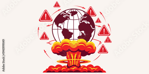Global Crisis: An evocative illustration of a world teetering on the brink of disaster, with a nuclear explosion beneath the earth and warning signs encircling the globe.