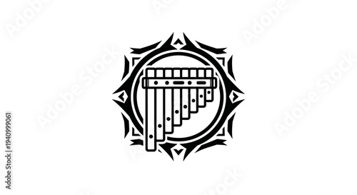 Black and White Panpipe Musical Instrument Icon.