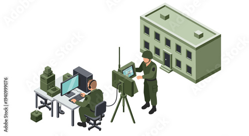 Two military personnel in green uniforms operate computer equipment and a portable field monitor on a tripod outside a two-story building.