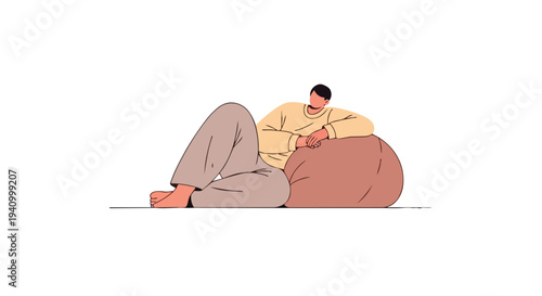 Minimalist illustration of a person relaxing comfortably on a beanbag chair, conveying tranquility and calm in a simple yet artistic presentation