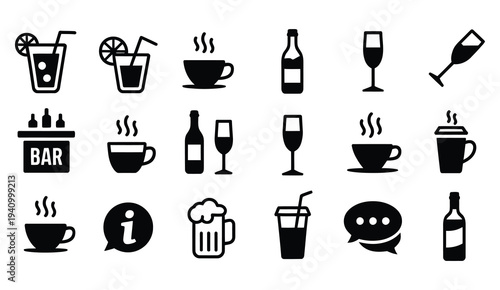drinks icons set, beer and cocktails symbols collection, coffee and tea beverage icons, wine bottle and glass bar signs, chat bubble information symbol, modern flat line style for menu, app, ui and in