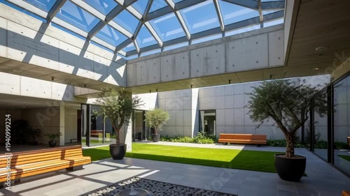 Modern Courtyard with Glass Roof and Greenery.