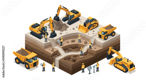 Yellow excavators and dump trucks work with personnel in an isometric cross-section of a tiered excavation site with concrete foundations.