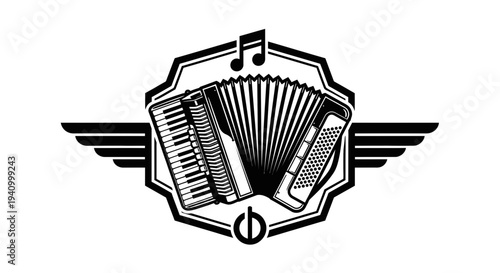 Black and White Accordion Illustration with Wings.