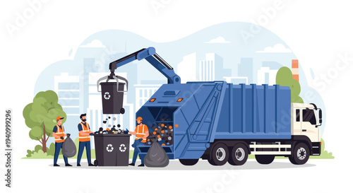 Sanitation workers in orange vests loading trash bags and bins into a blue garbage truck in an urban city environment.