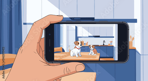 Hand holding a smartphone to take a photo of two cute puppies sitting on a kitchen table in a modern interior.