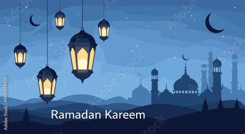Ramadan Kareem greeting card featuring traditional glowing lanterns and a mosque silhouette under a starry night sky background.