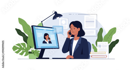 Professional young woman in a suit talking on her phone while working at a computer desk in a modern home office.