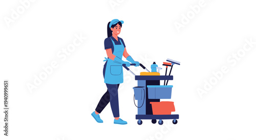 Professional female cleaner in uniform and gloves pushing a janitor trolley filled with cleaning supplies and equipment.