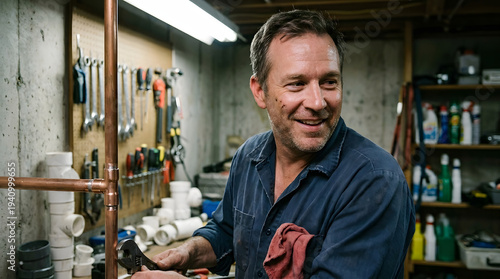 Professional Plumber Working on Copper Pipes in Workshop, Reliable Handyman for Residential Maintenance and Home Repair Services