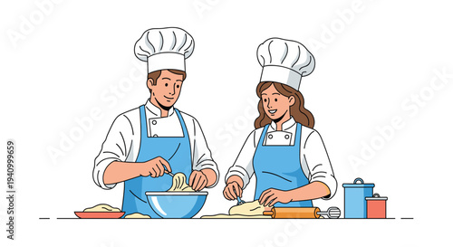 Male and female professional chefs in white uniforms and hats preparing dough and baking bread in a bakery or kitchen.