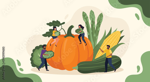 Surreal illustration of tiny diverse people harvesting and interacting with giant fresh vegetables like pumpkin and corn.
