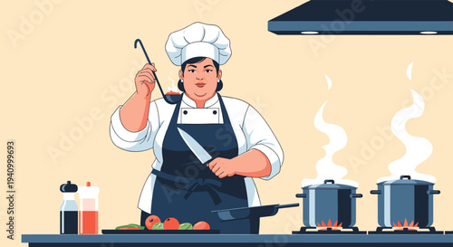 Professional female chef in a white uniform and hat tasting a dish from a ladle while cooking in a modern kitchen.