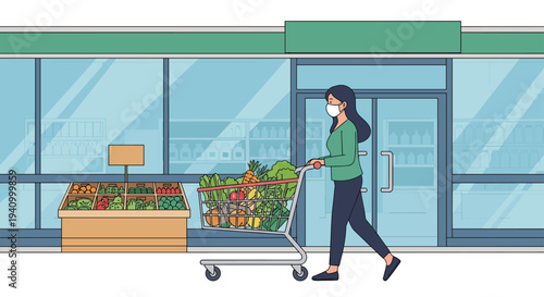 Woman wearing a medical mask pushing a grocery cart full of fresh vegetables outside a supermarket building.
