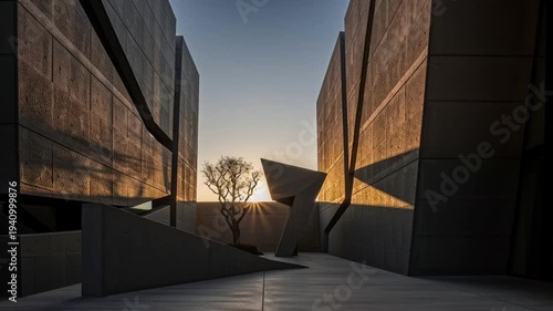 Modern Architecture Courtyard with Geometric Walls.