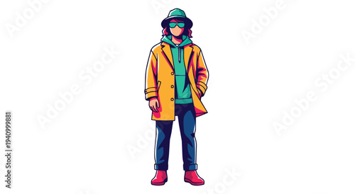 Vibrant illustrated character sporting a yellow trench coat, turquoise hoodie, dark trousers, and crimson boots, captured with bold outlines and