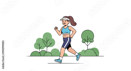 A vibrant cartoon illustration captures a fit female runner dynamically jogging through a serene park landscape filled with stylized trees and lush