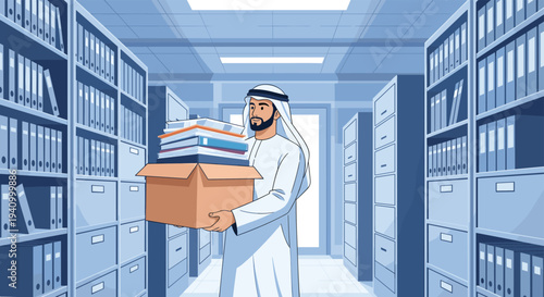 Professional Arab man in traditional white thobe carrying a large box of books in a modern organized library archive.