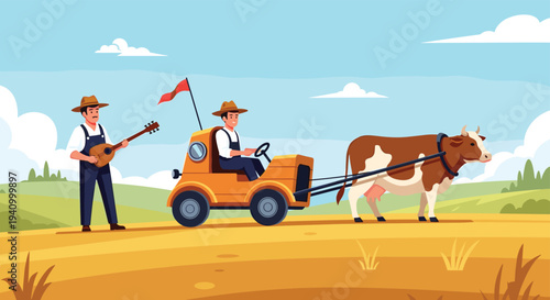 Rural scene showing one farmer playing guitar while another drives a small yellow tractor pulling a cow across a field.