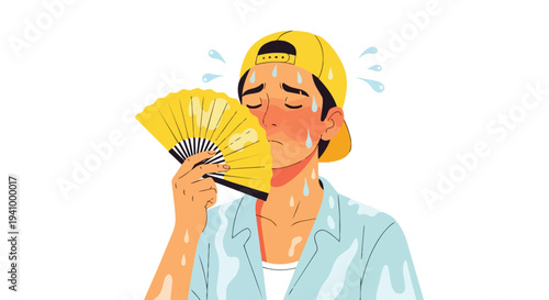 Sweating young person in a yellow cap fanning themselves with a yellow fan during a heatwave, depicting discomfort and distress