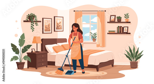 Professional female cleaner wearing an apron and sweeping the floor of a tidy bedroom with a broom and dustpan set.