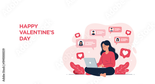 Young woman sitting on the floor using a laptop while being surrounded by red hearts and social media chat notifications.