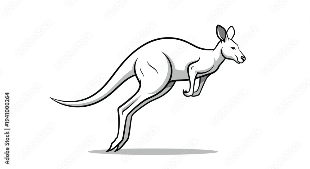 Fototapeta premium Minimalist black and white illustration of a kangaroo jumping through the air showing its powerful legs and long tail.