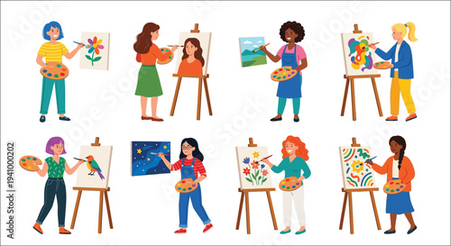 Diverse group of young women joyfully painting at colorful easels