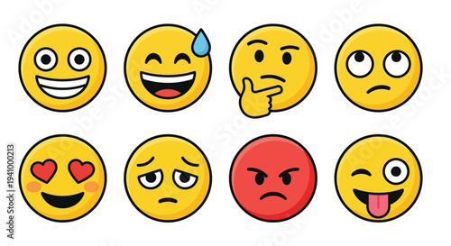 Collection of various yellow and red facial expression emoticons