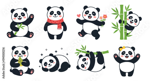 Adorable panda characters in various poses with bamboo and floral elements