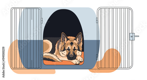 Large german shepherd dog resting comfortably and sleeping inside a metal pet crate with the door left wide open.