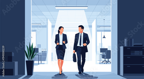 Businessman and businesswoman in professional attire walking and talking together down a bright and modern office corridor.