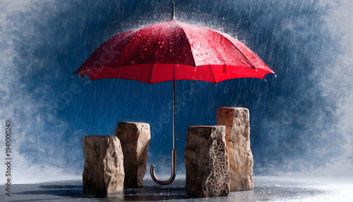 Red umbrella protecting wooden blocks from rain on a dark blue background