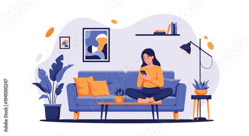 Relaxed woman sitting on a comfortable blue sofa in a modern living room while scrolling through content on her phone.