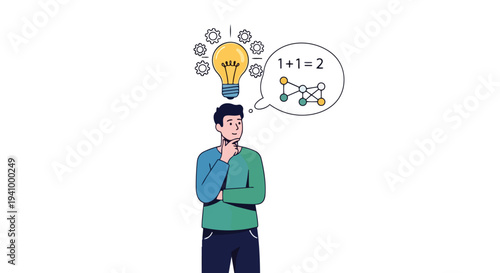 Conceptual illustration of a person contemplating a simple mathematical equation and a connected network, symbolizing problem-solving and idea