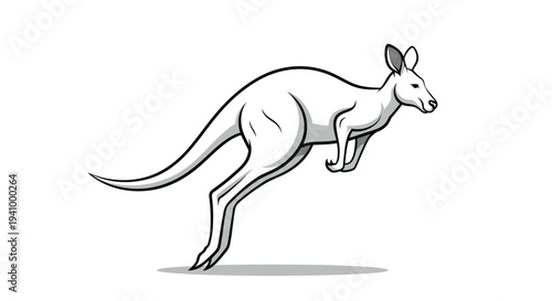 Minimalist black and white illustration of a kangaroo jumping through the air showing its powerful legs and long tail.