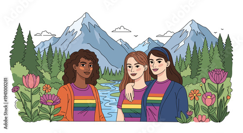 Three diverse women wearing pride flag shirts standing together in a beautiful mountain landscape with flowers and trees.