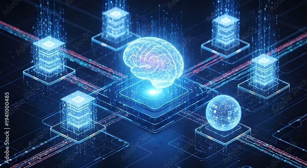 Fototapeta premium Conceptual depiction of an AI brain processing complex data within a sophisticated digital network, representing the future of machine learning and high-tech computing