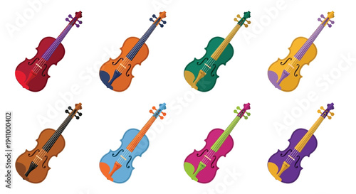 Colorful violins arranged in a grid pattern on a white background